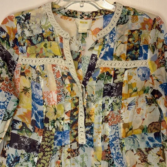 Anthropologie Maeve Floral Abella Pintuck Blouse Vibrant Patchwork Lace Size 4 - Picture 5 of 9